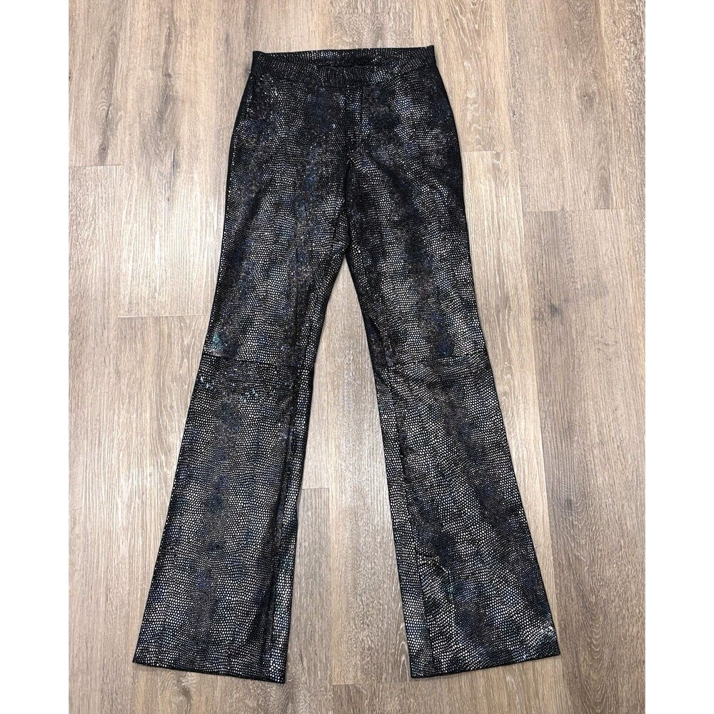 Vintage Wilsons Maxima Leather Pants Black Metallic Snake Print Flare Y2K Size 4